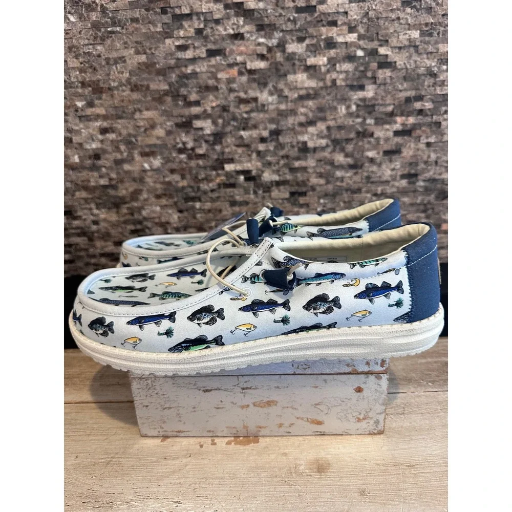 Hey Dude Wally Fish Lure Light Blue Canvas Slip On Loafers Mens 15 40624-450 NEW